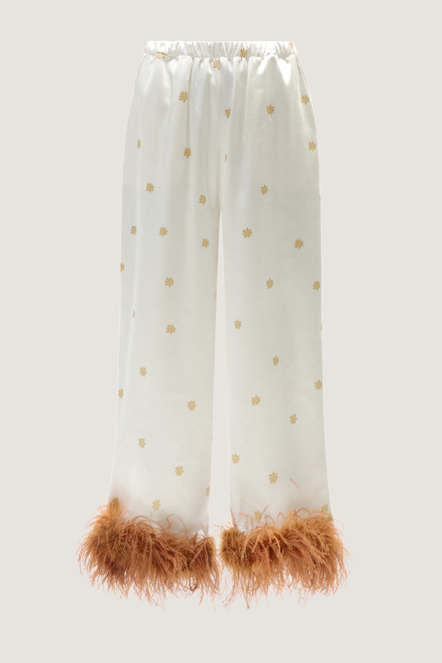 Printed pants with feathers