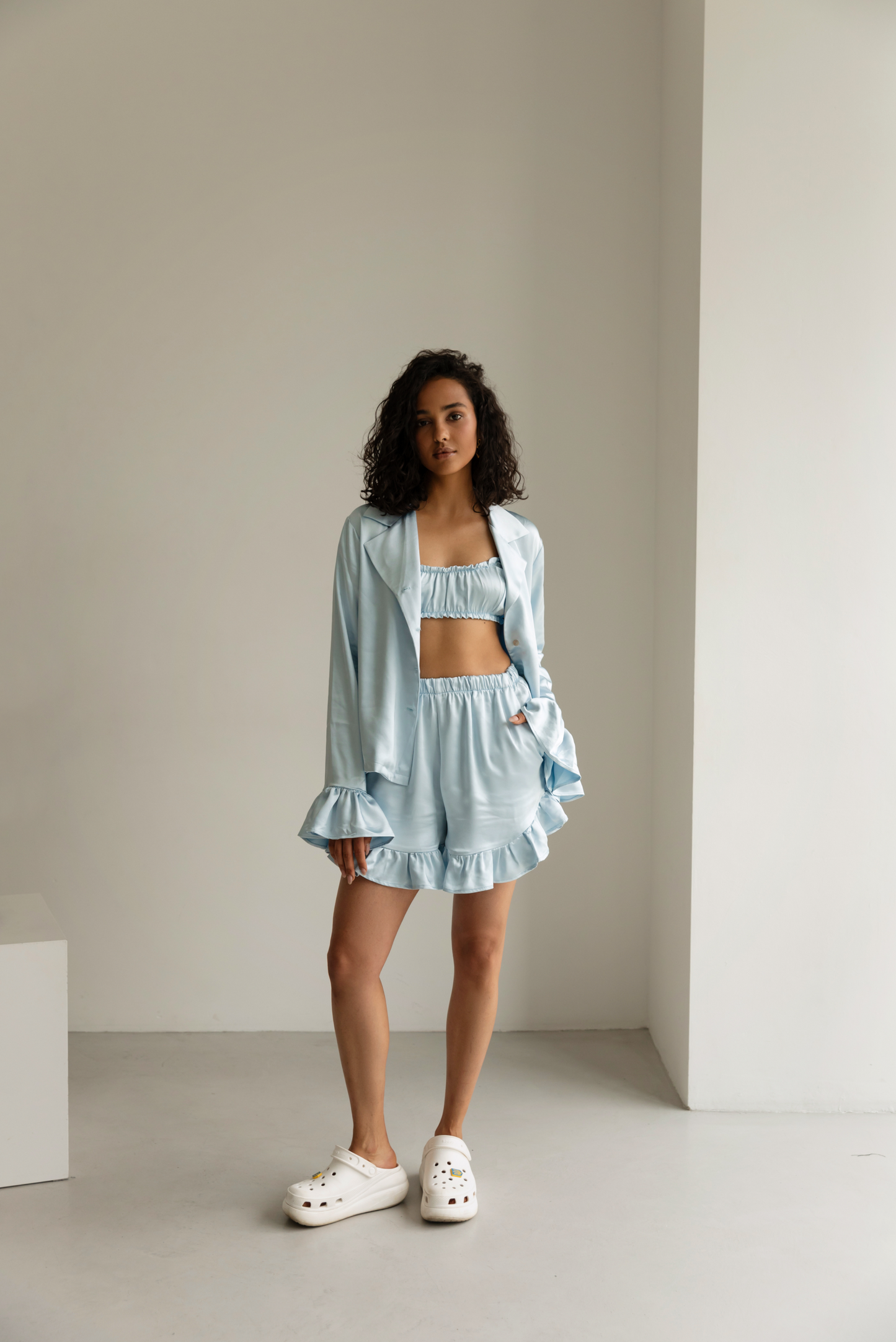 Blue shorts with ruffles