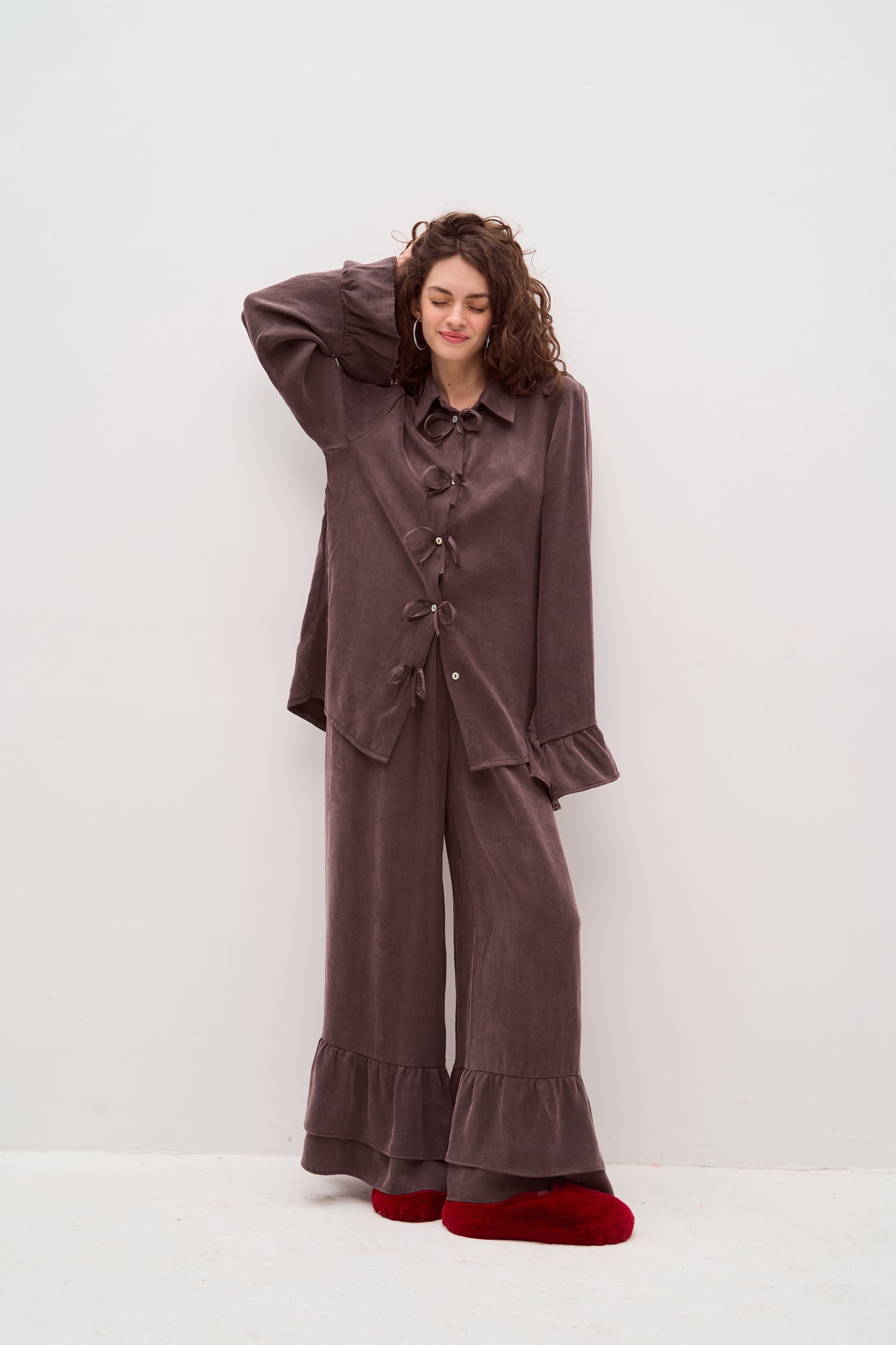 Purple pants with ruffles
