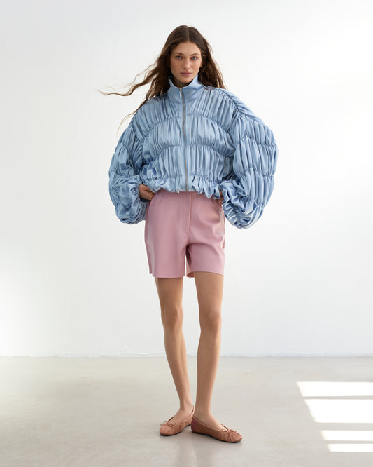 Blue satin draped bomber jacket