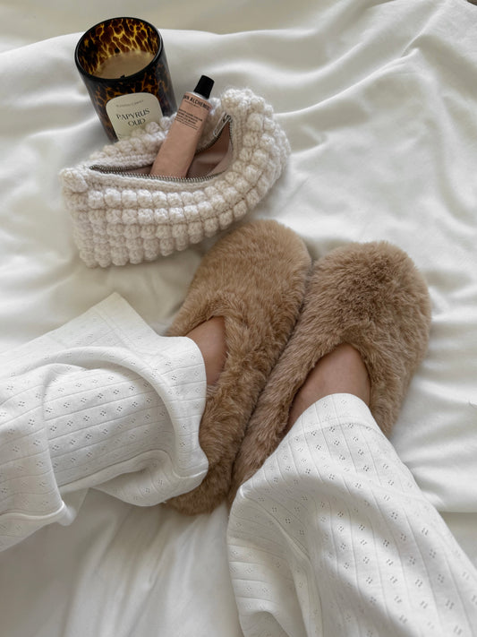 Fluffy beige home slippers