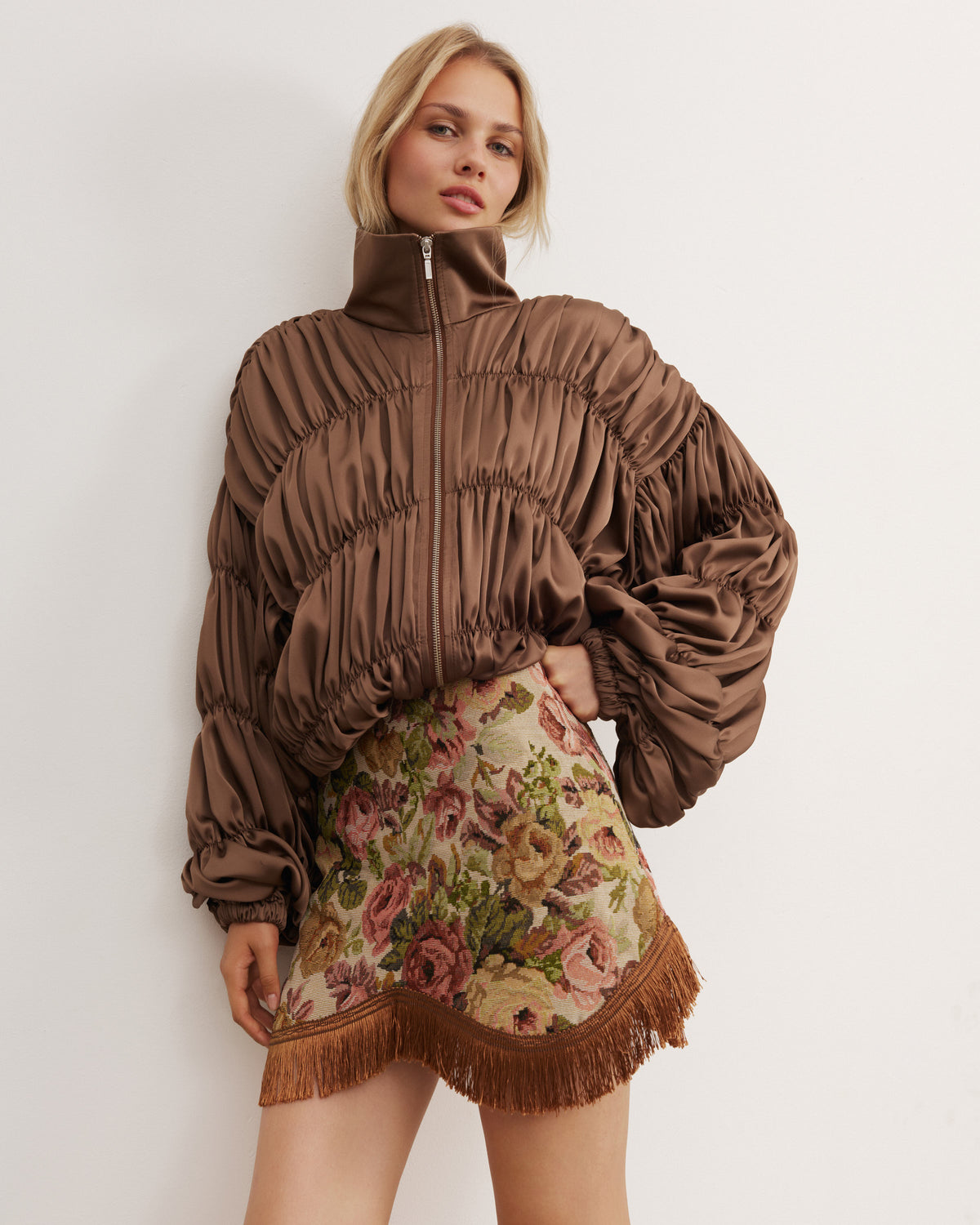 Brown satin bomber jacket
