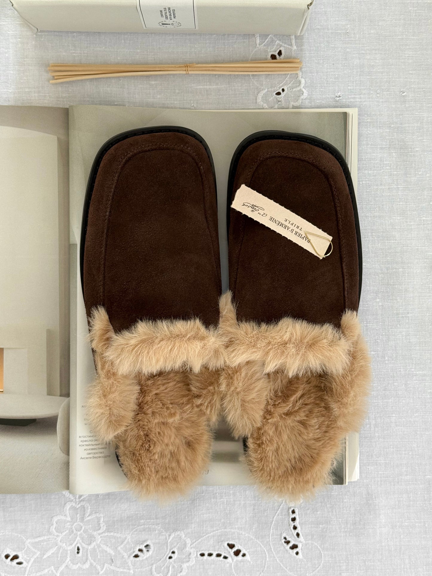 Brown suede mules with fur