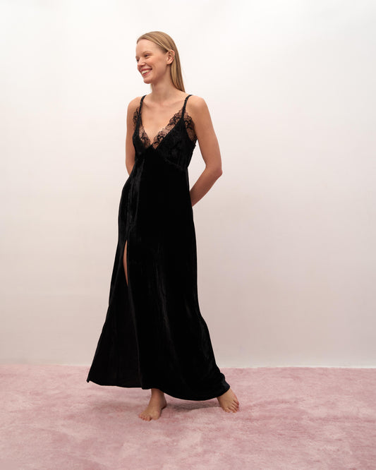 Silk velor maxi dress in black