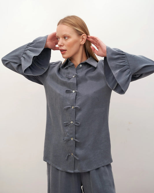 Blue-gray blouse with ruffles