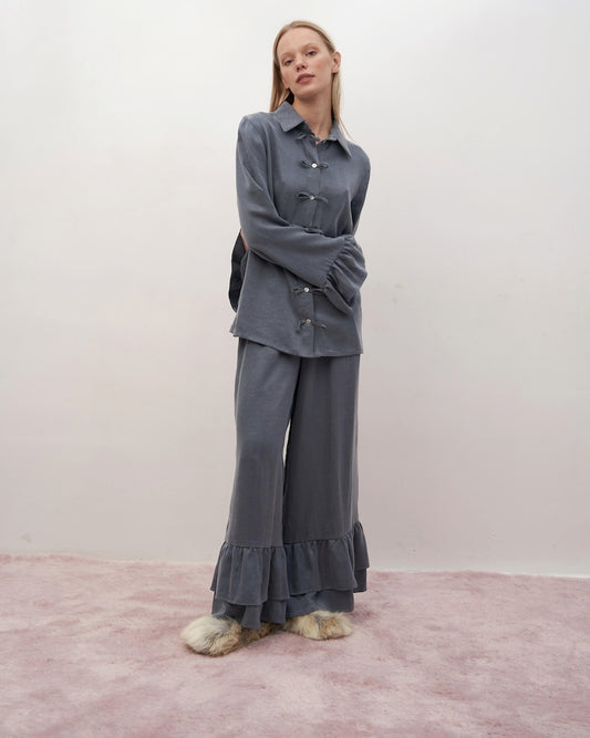 Blue-gray pants with ruffles