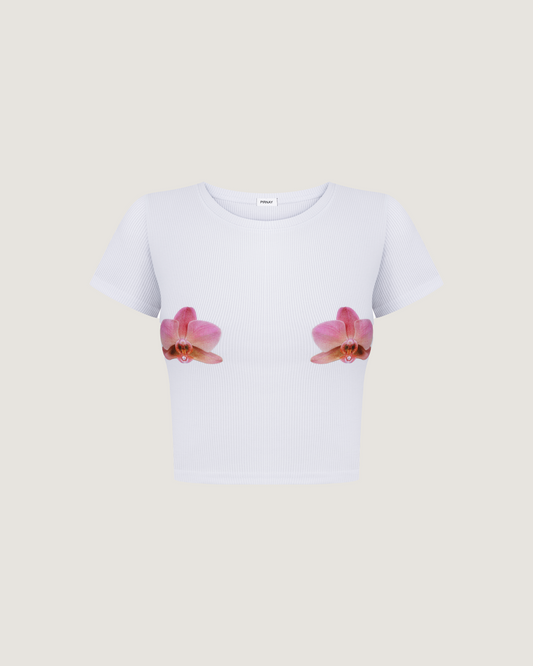 T-shirt with orchid in white