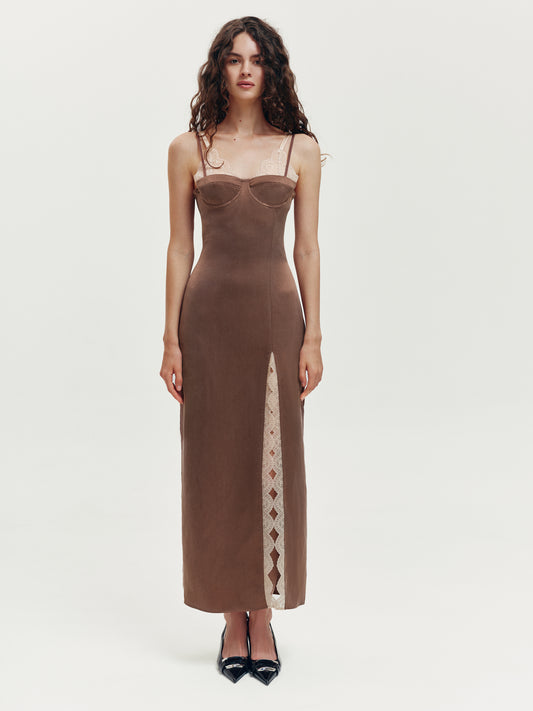 Brown maxi dress with milky lace