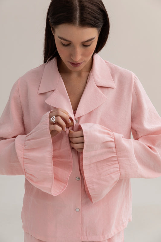 Pink blouse cupro with ruffle